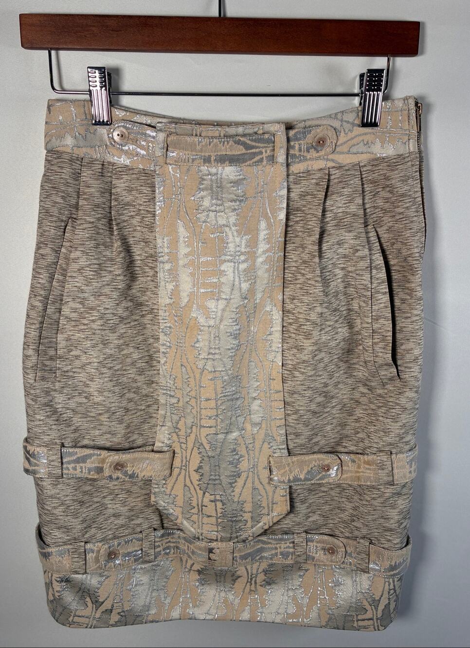 Vintage Mayle Patchwork Jacquard Skirt 8 Beige Metallic Button Tab Knee Length